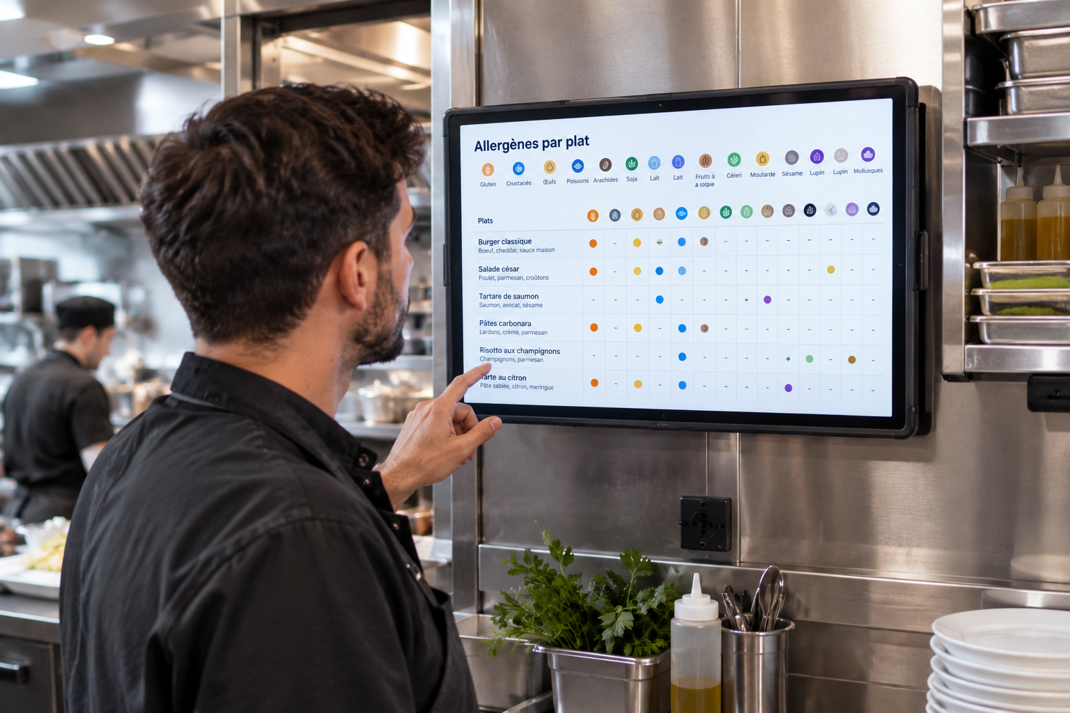 Tableau r&eacute;capitulatif des allerg&egrave;nes par plat affich&eacute; en cuisine