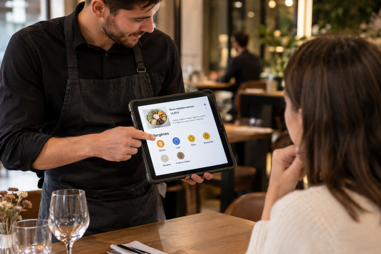 Serveur présentant un affichage des allergènes sur la carte d'un restaurant