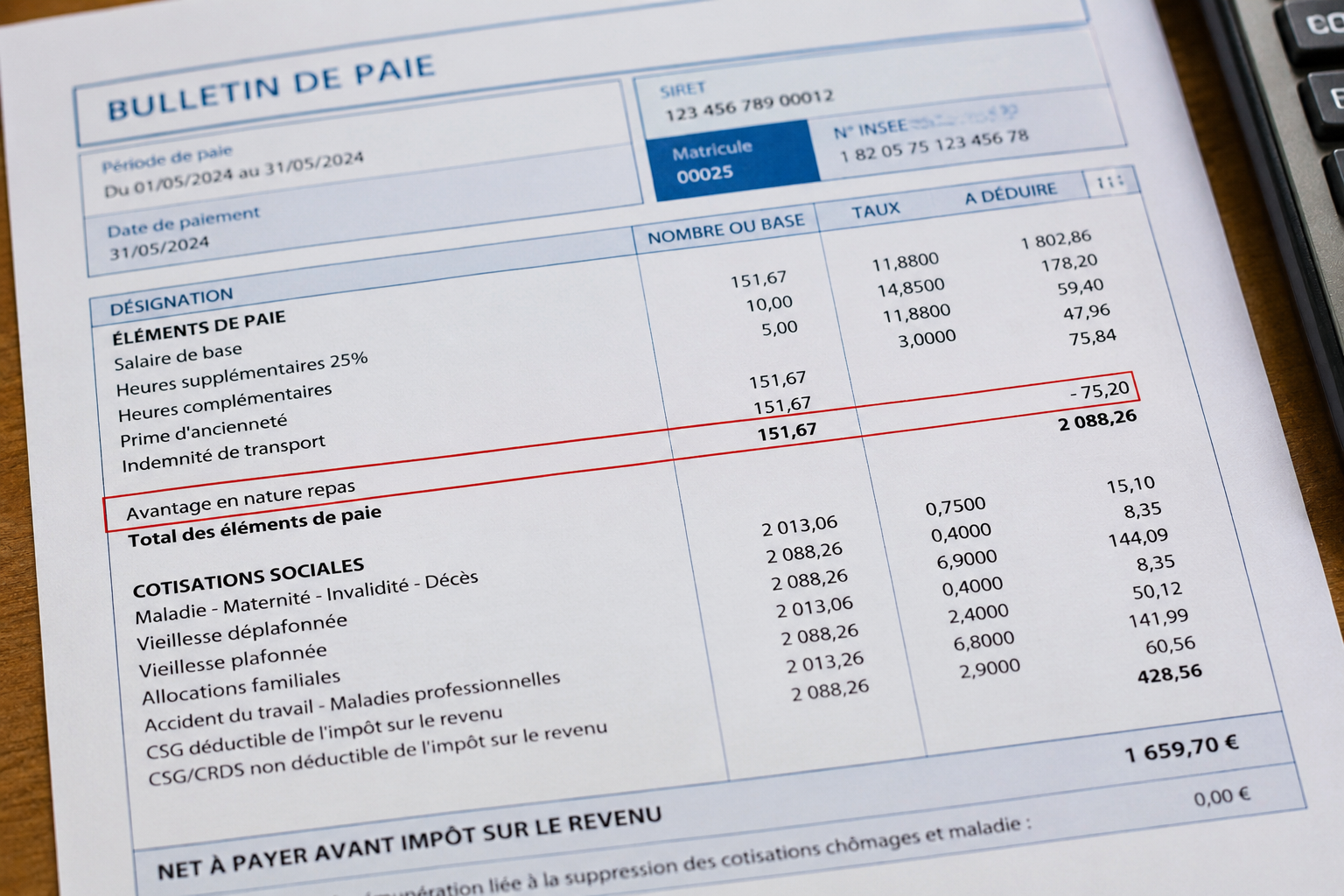 Bulletin de paie avec ligne avantage en nature repas en restauration