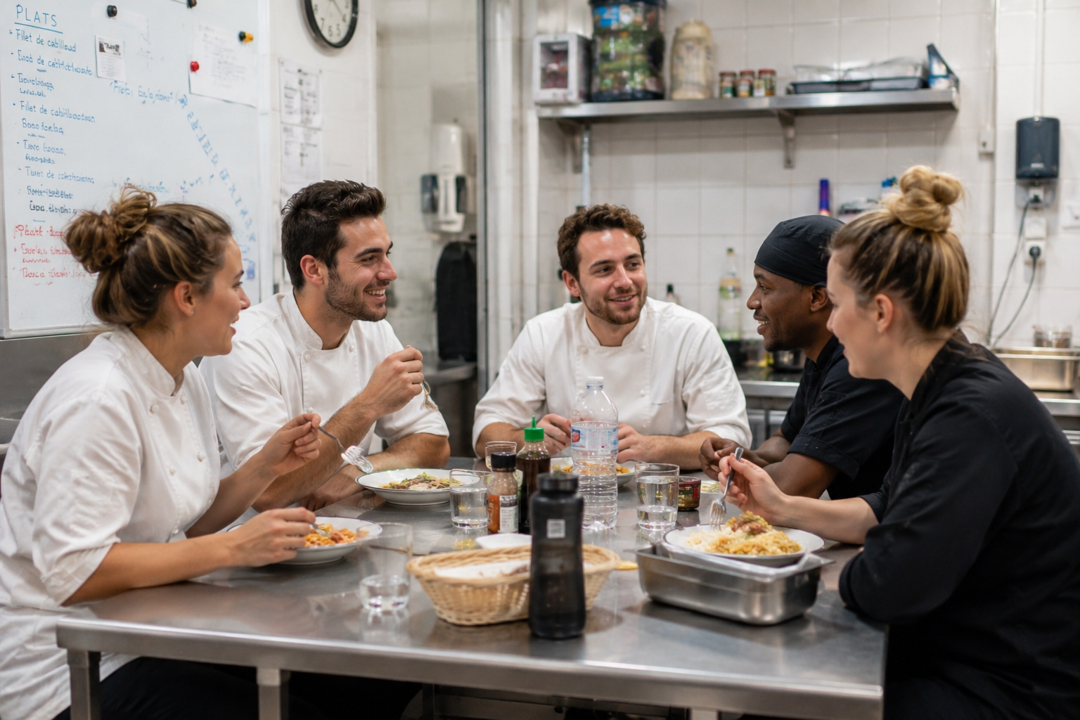 Équipe de cuisine prenant son repas du personnel dans un restaurant