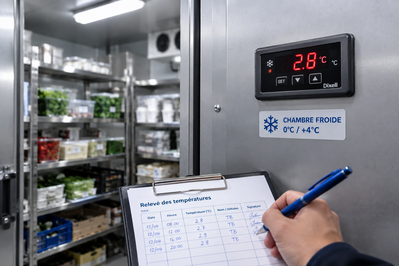 Relevé de température sur le thermomètre extérieur d'une chambre froide de restaurant