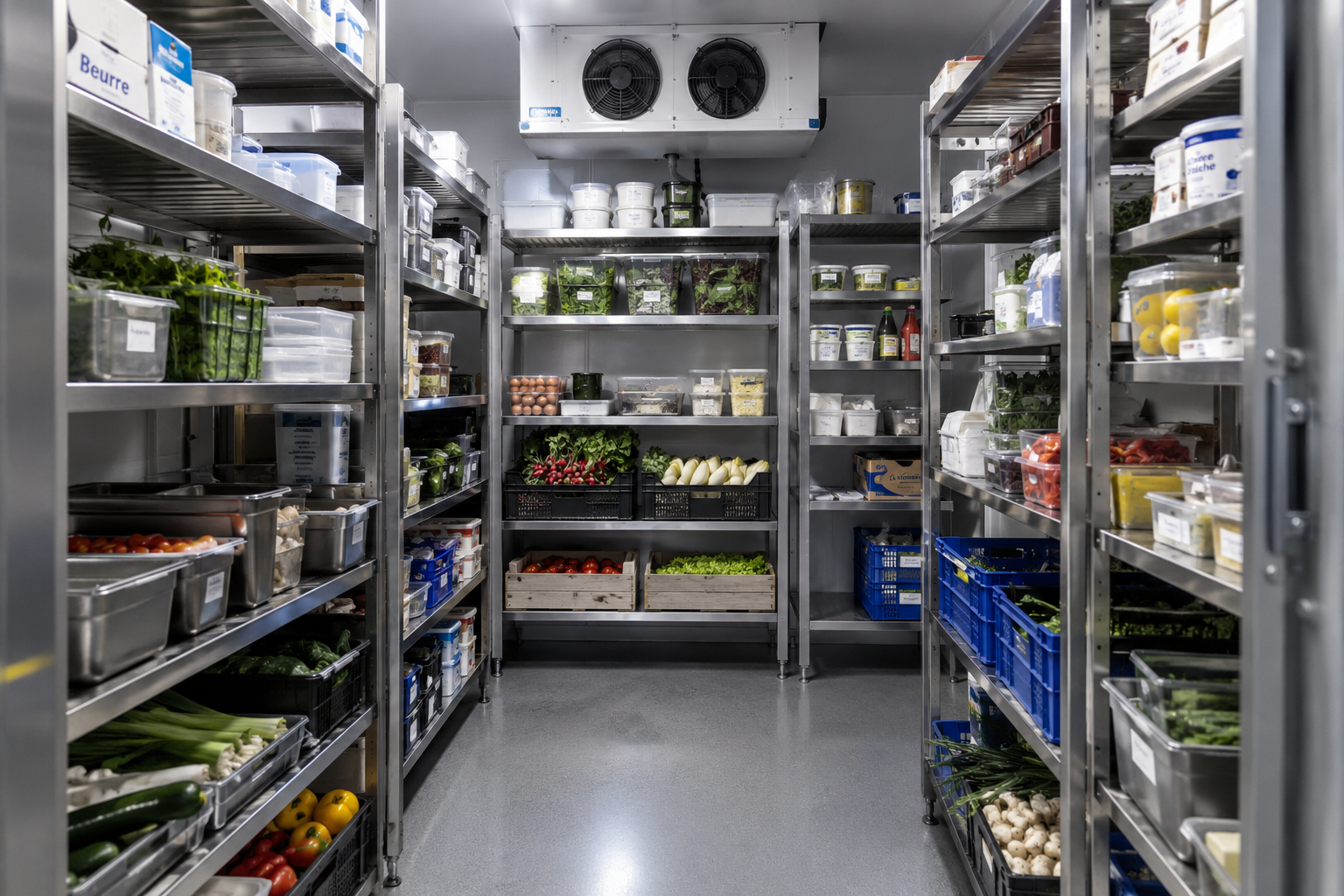 Chambre froide professionnelle d'un restaurant avec étagères de produits frais rangés