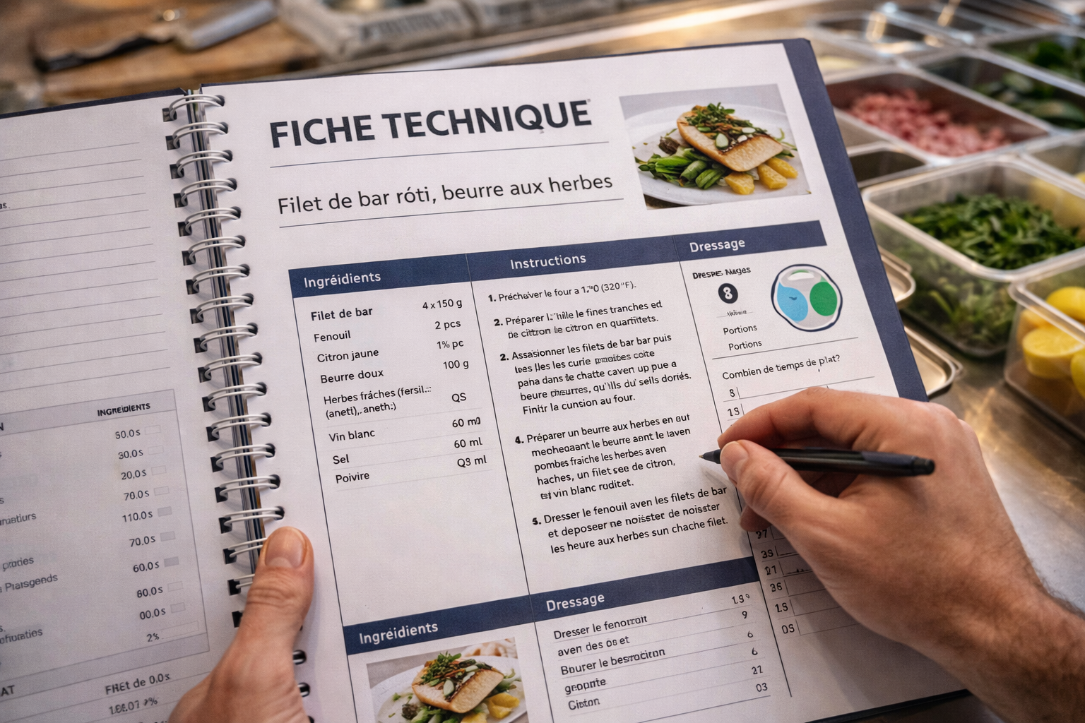 Chef en cuisine professionnelle pesant des ingr&eacute;dients sur une balance de pr&eacute;cision pour sa fiche technique