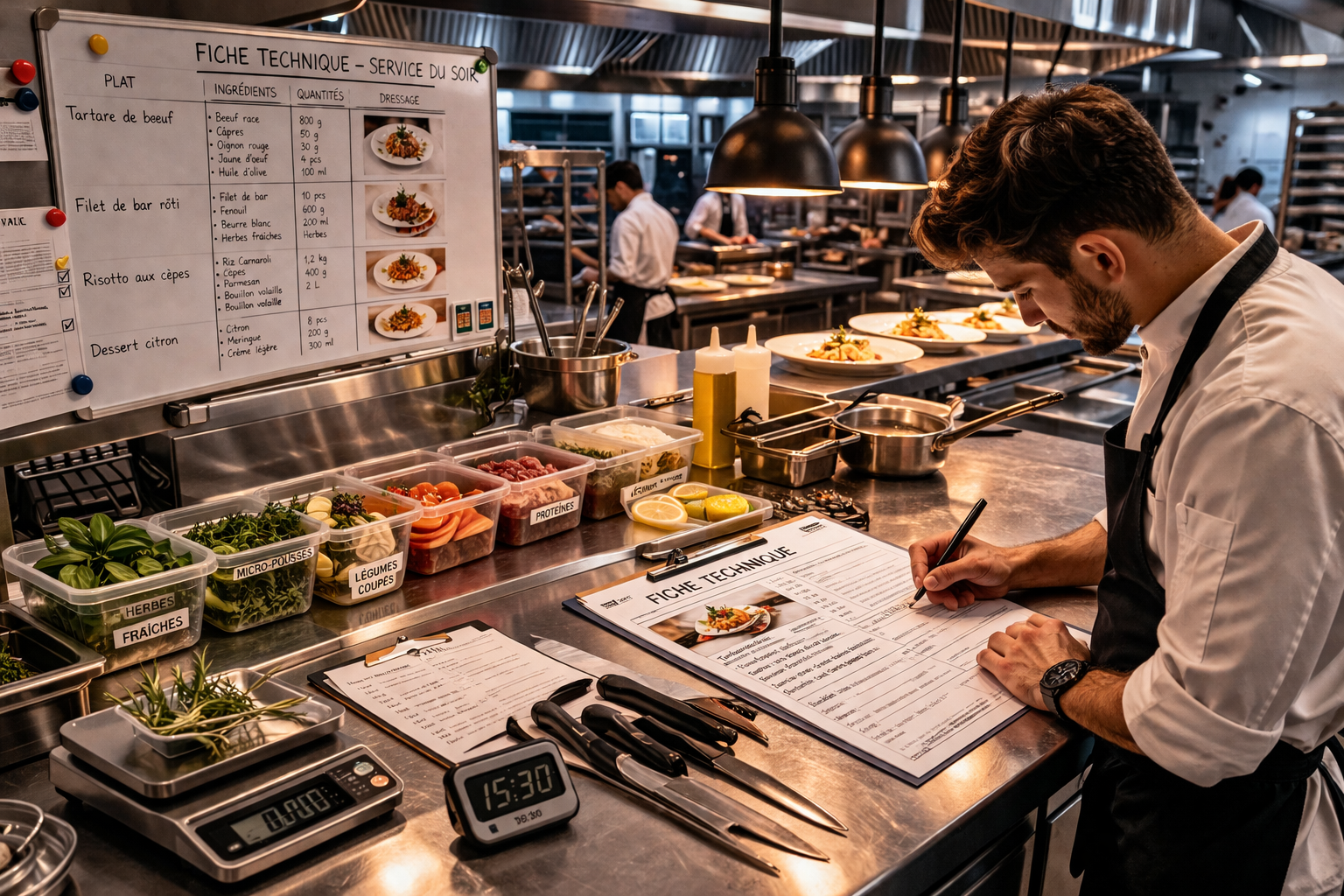 Fiche technique de cuisine professionnelle pos&eacute;e sur un plan de travail &agrave; c&ocirc;t&eacute; d'ingr&eacute;dients frais