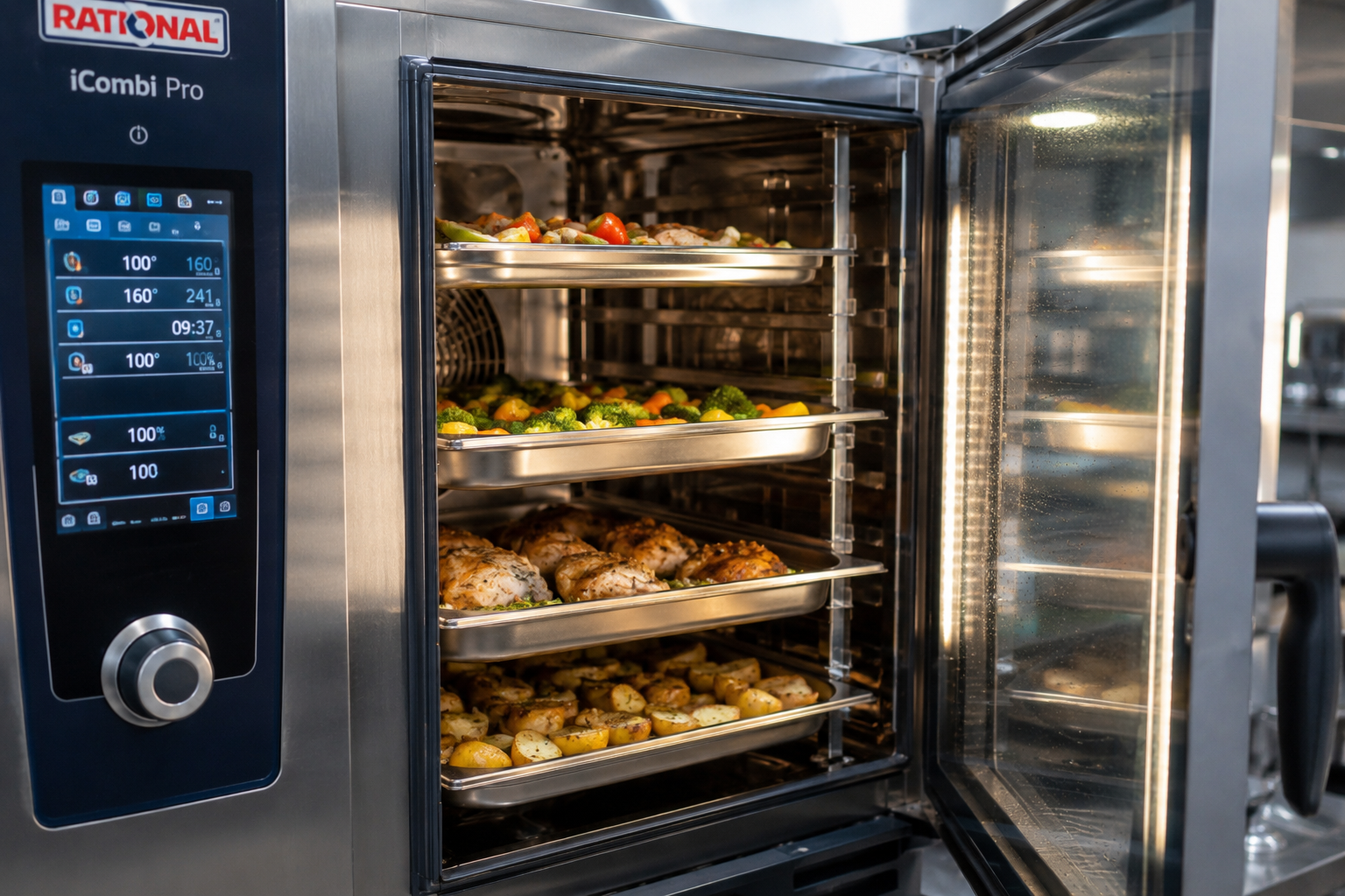 Four mixte professionnel ouvert avec plats en cuisson sur plusieurs niveaux GN