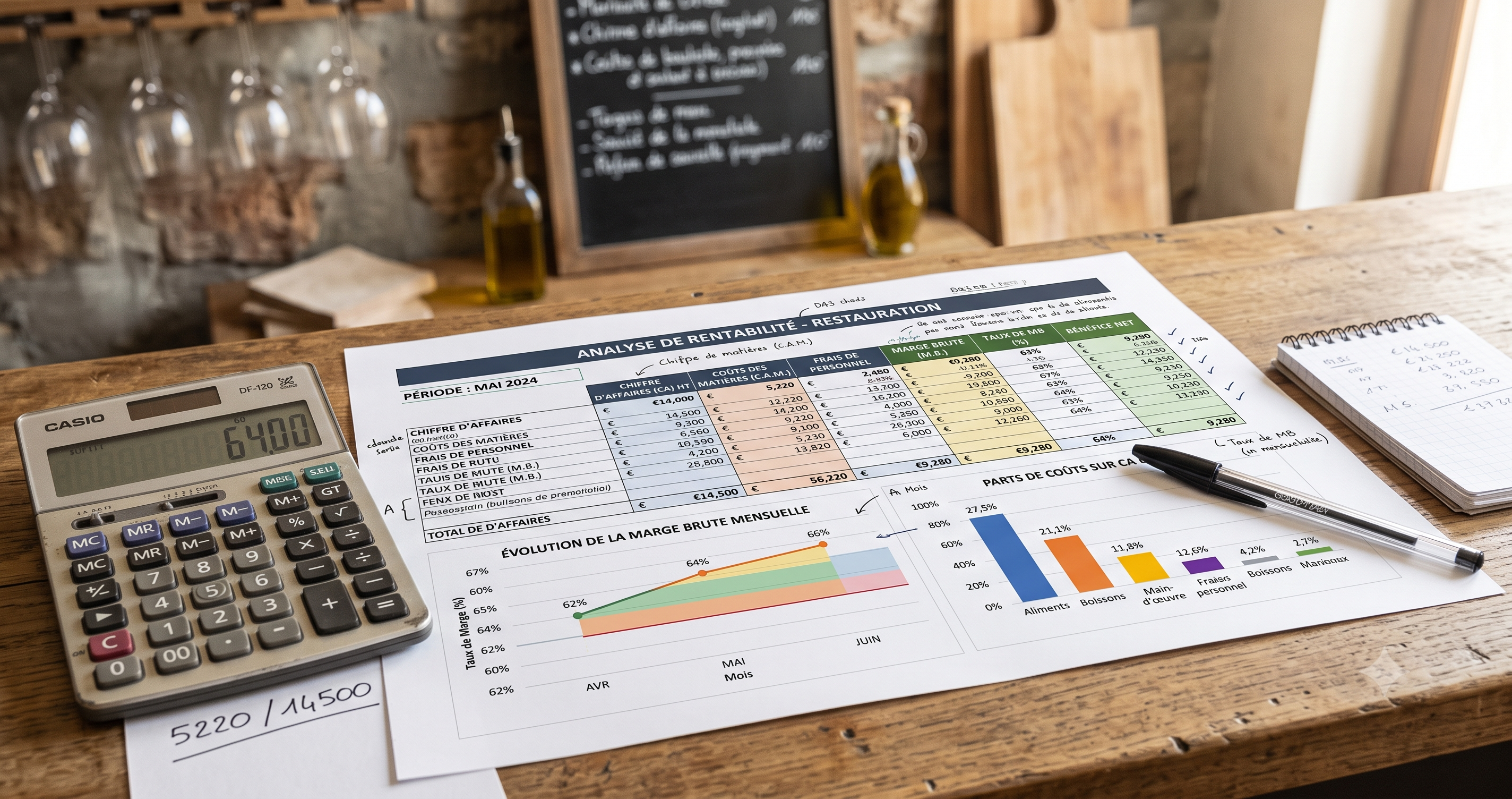 Tableau de bord financier d'un restaurant avec calcul de marge brute et de rentabilit&eacute;