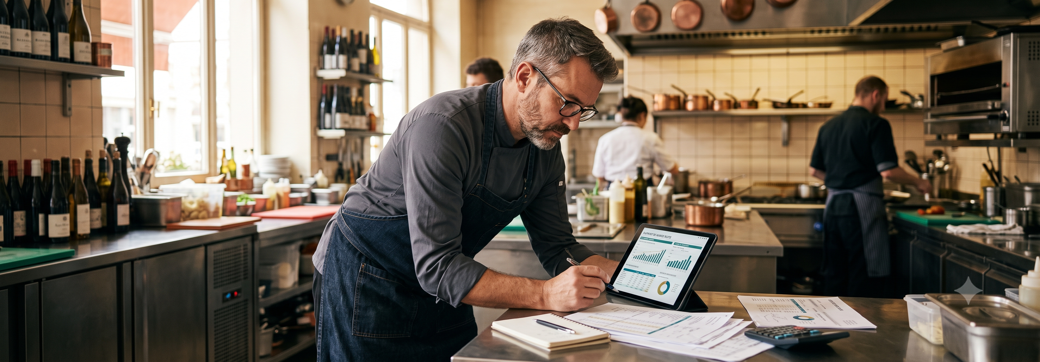 Restaurateur analysant ses marges et sa rentabilité sur un tableau de bord financier