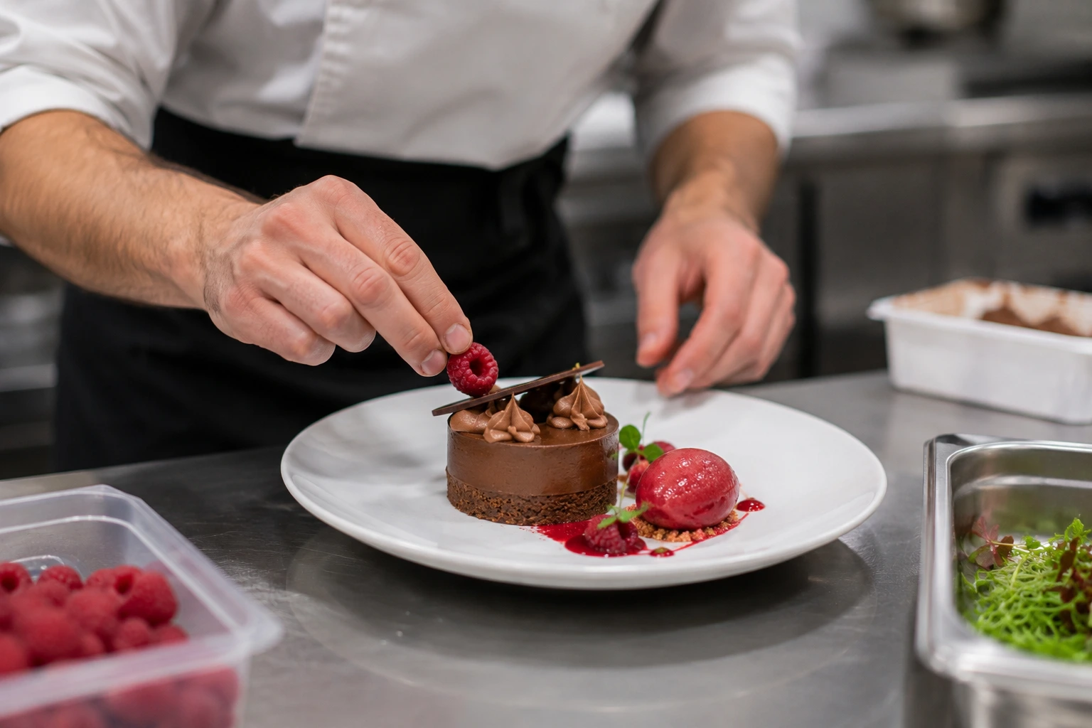 Dressage d'un dessert p&acirc;tisserie &agrave; l'assiette dans une cuisine de restaurant